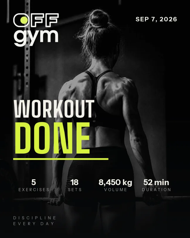 Ejemplo en inglés de una postal OFFGYM de entrenamiento completado con ejercicios, series, volumen y duración.